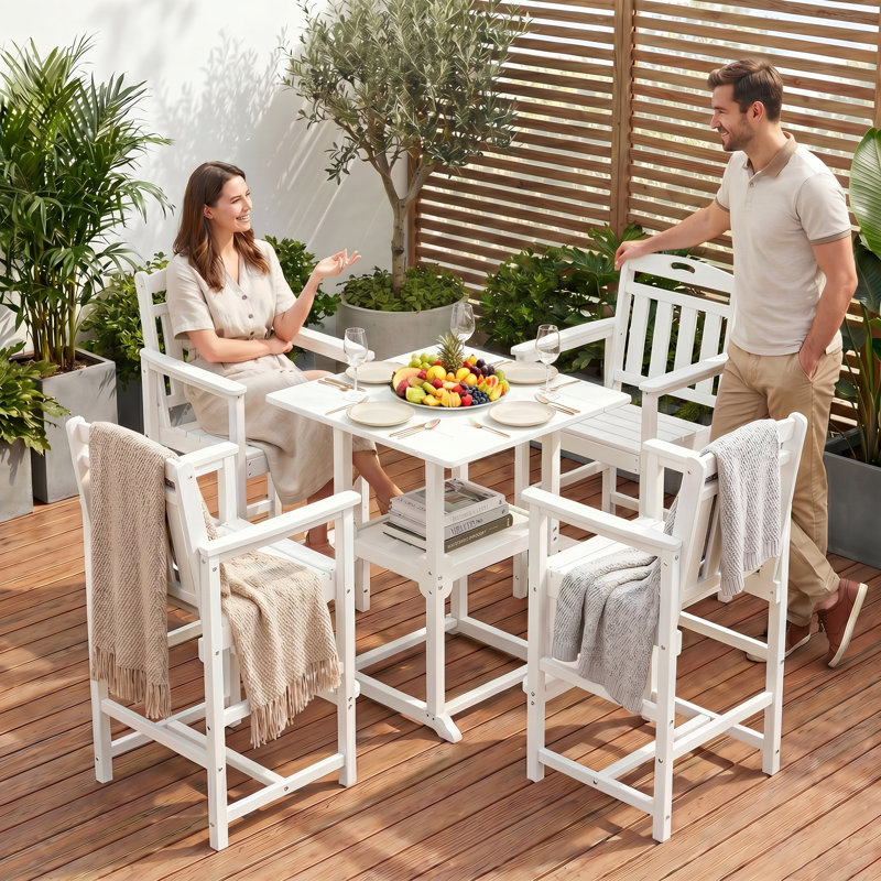 Pennington 5 Pieces Outdoor Patio Bars Set With Square Table And HDPE Chairs, White