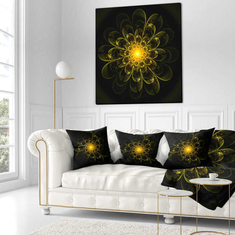 Art numérique idéal en forme de fleur fractale idéale en jaune, 16 po x 1 po, Coussin décoratif, Doré / Noir