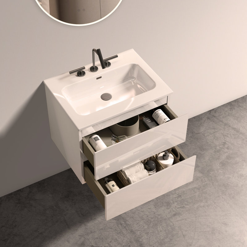 Meuble-lavabo mural 24 po avec lavabo en céramique et trois trous de robinet, grand meuble-lavabo flottant avec rangement