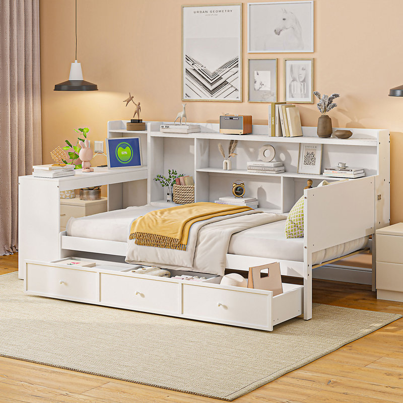 Lit de jour simple en bois avec 3 tiroirs, ports USB et bureau intégré pour une conception peu encombrante, Lit simple, Blanc