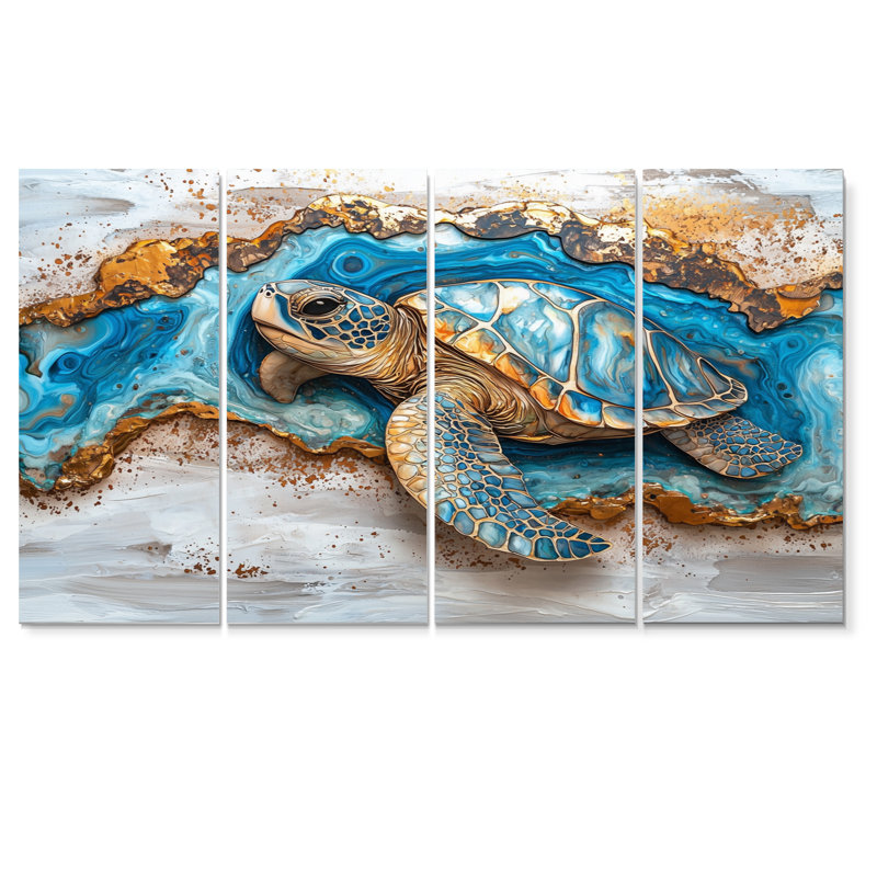 Tortue sur la plage, collage de paysage - Art mural animal tortue - décoration murale moderne 4 pièces, H 32 po x l 64 po