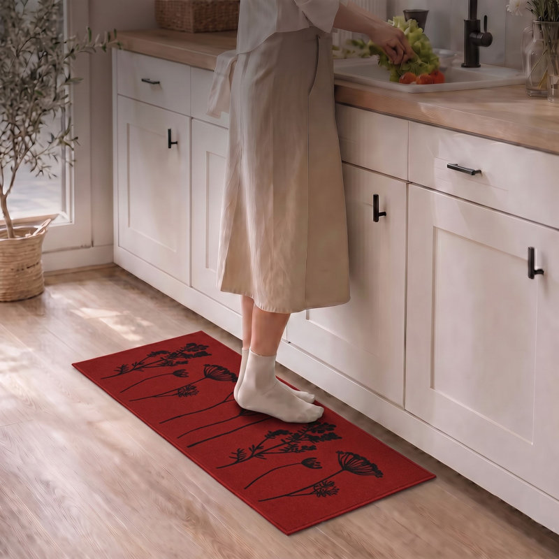 Wildflowers Long Runner Kitchen Mat, Red/Black