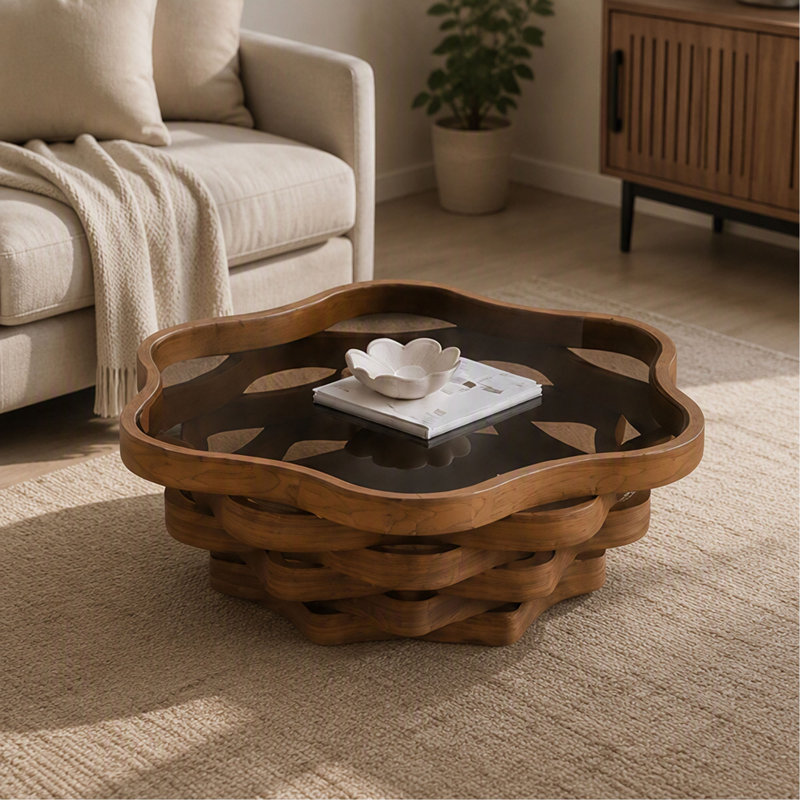 Table basse - 35,83 po - Forme de nuage irrégulier - Plateau en verre trempé - Base ondulée en panneau de fibres à densité moyenne - Artistique moderne