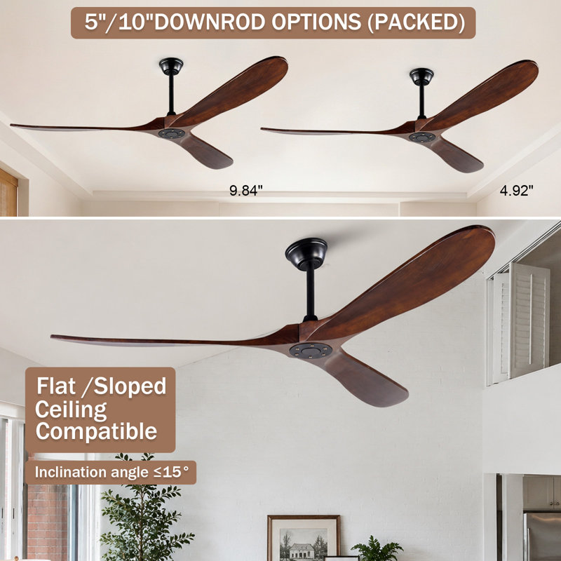 Ventilateur de plafond 72 po à 3 pales en bois massif noyer, sans lumière et réversible avec télécommande pour porche de patio
