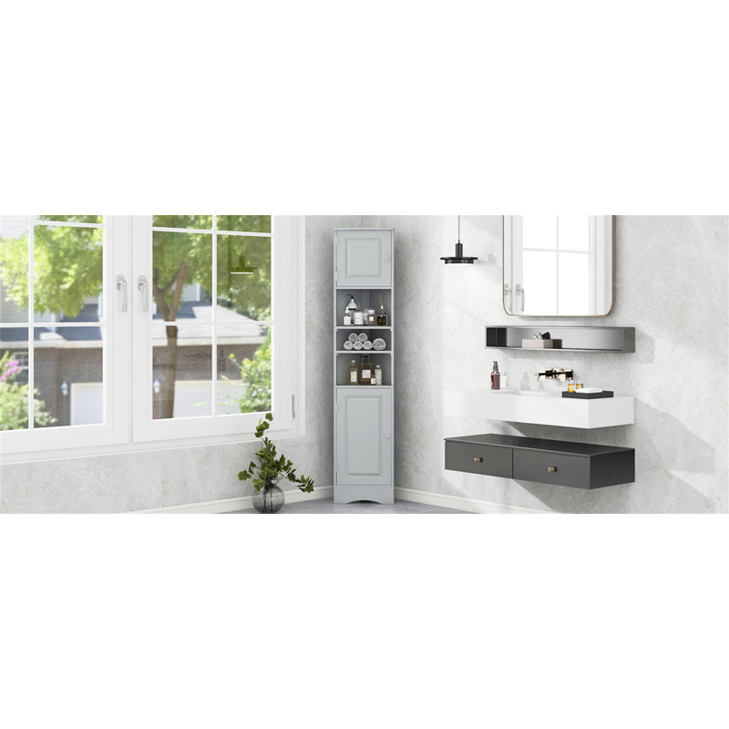 Multi-Functional Corner Cabinet Tall Bathroom Storage Cabinet With Two Doors And Adjustable Shelves