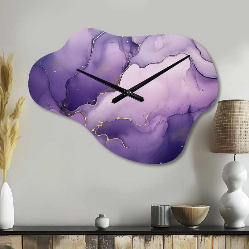 Horloge murale mauve et mauve, encre en marbre doré - fractales asymétriques, Petit
