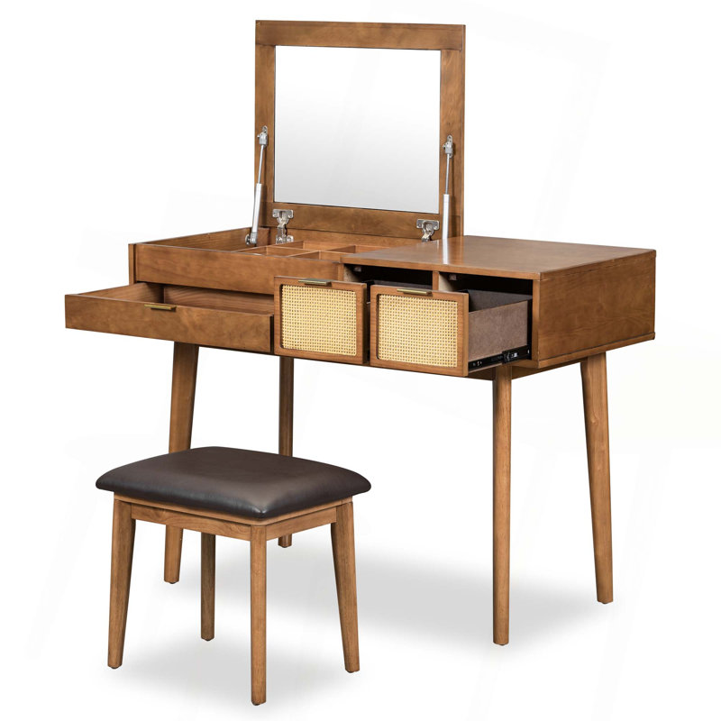43.3" Classic Wood Makeup Vanity Set With Flip-Top Mirror And Stool, Dressing Table With Three Drawers And Storage Space