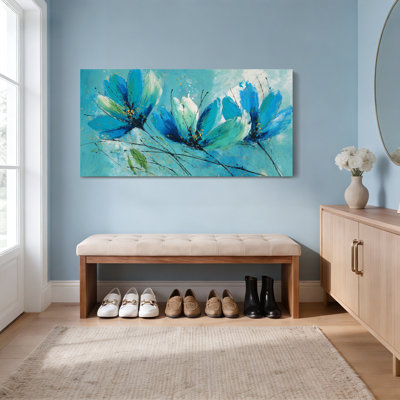 Tableau abstrait de fleurs bleues sur toile tendue