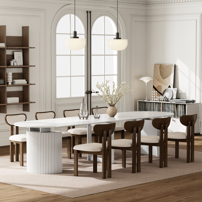 Ensemble de table de salle à manger extensible Modern Farmhouse, Blanc, 9 Pieces: Table, 8 Chairs, Beige