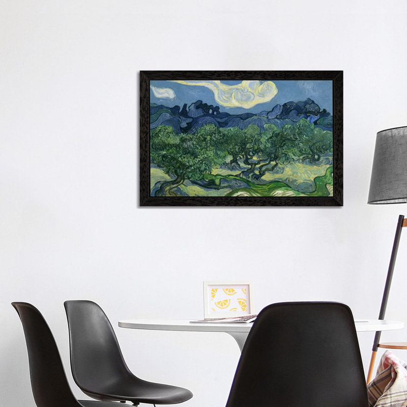 Olive Trees With The Alpilles In The Background by Vincent Van Gogh - Painting on Canvas, Black Floater Framed