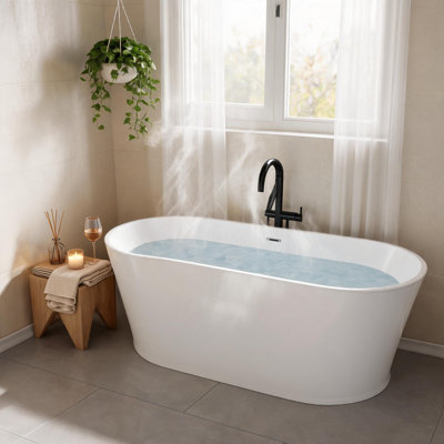 59 in. Freestanding Acrylic Soaking Bathtub in Glossy White with Chrome Toe Tap Drain and Modern Oval Design