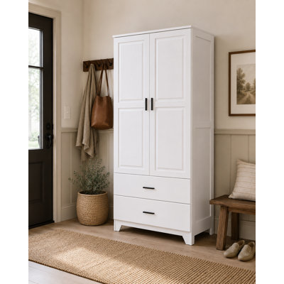 Solid Wood Cabinet With 2-drawer In Solid White Peinted