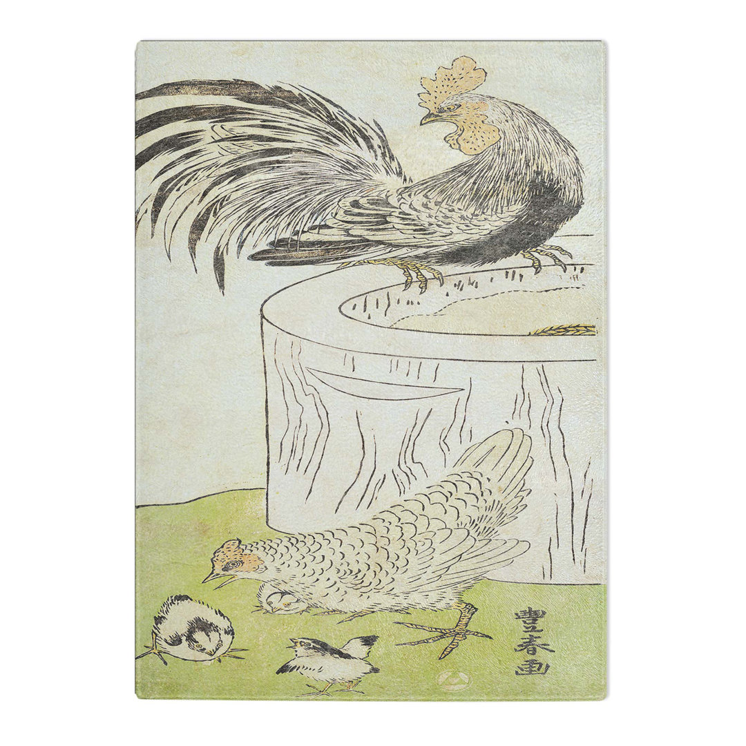 Tempered Glass Cock with Hen and Chickens by Utagawa Toyoharu Chopping Board