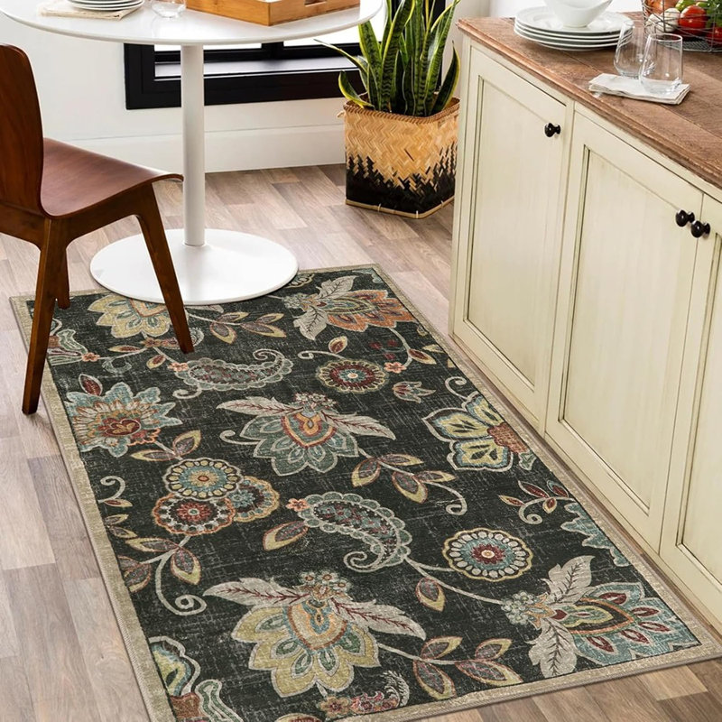 Tapis floraux lavables, tapis brun pour chambre à coucher ...
