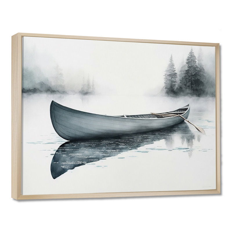 Canot sur le lac II - Bateau côtier, art mural, H 30 po x l 40 po x P 1,5 po, Cadre flottant érable