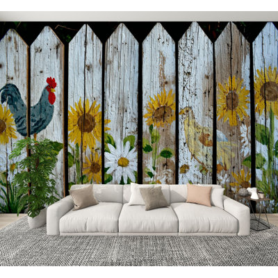 Peel and Stick Wallpaper Rooster Chick Sunflower Farm Design Chicks Sunflowers Daisies Wooden Wall Murals 100"H x 144"W Removable PVC Wall Paper Self-Adhesive Wall Decor for Bedroom Living Room Home Office