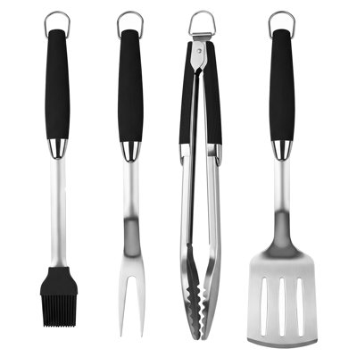 4-Piece Stainless Steel BBQ Grill Tool Set with Non-Slip Heat-Resistant Silicone Handles - 17.9" Extra Long Heavy Duty Spatula, Tongs, Fork & Basting