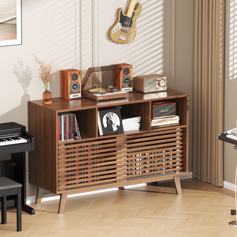 Support pour tourne-disque l 47,2 po avec portes coulissantes, vitrine de rangement pour disques vinyles, support pour tourne-disque Mid-Century
