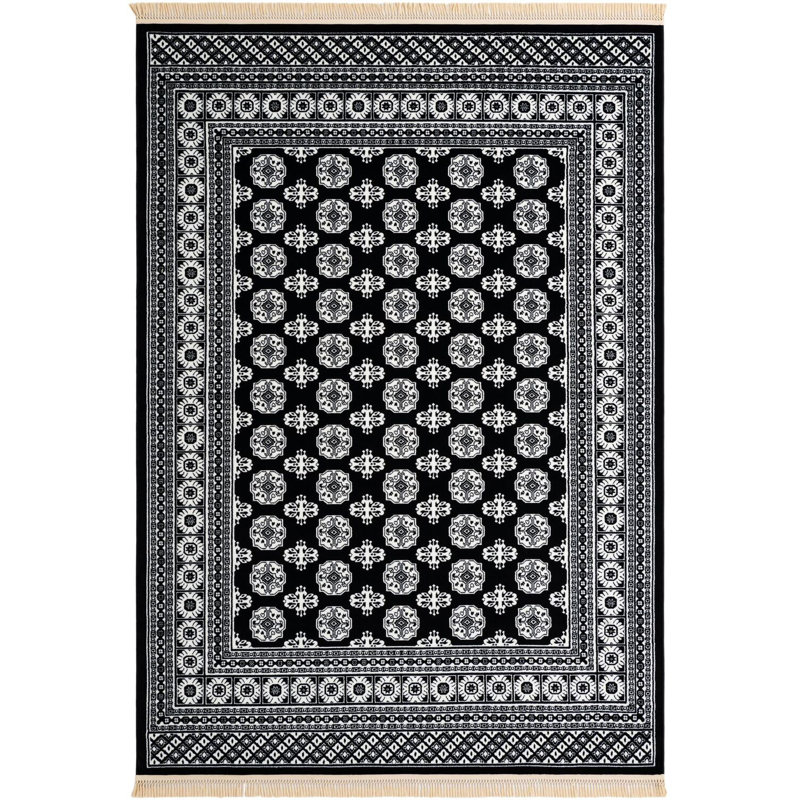 Tapis traditionnel Hinshaw noir et blanc, Rectangle 7 pi 1 po x 10 pi
