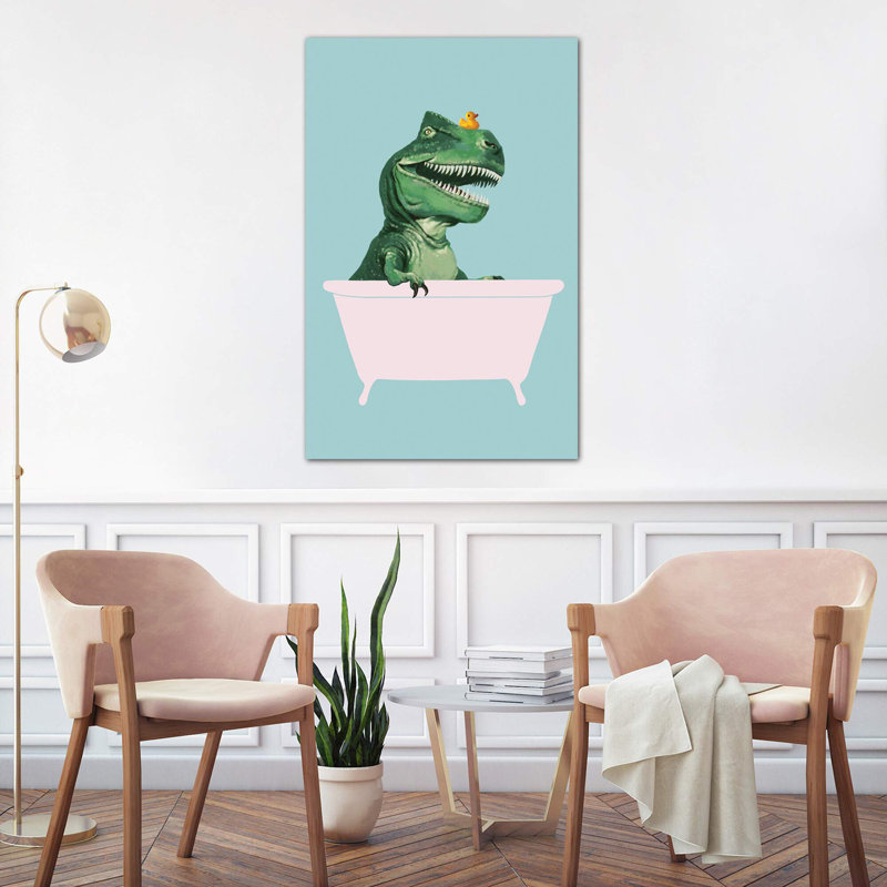 «Playful T Rex in Bathaign in Green» par Big Nose Work - impression d'art graphique, H 40 po x l 26 po x P 1,5 po