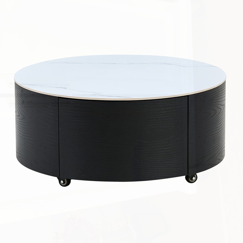 Modern Round Movable Marlene with Casters, 2 Drawers, and Durable Sintered Stone Top, Perfect for Compact Spaces, Noir