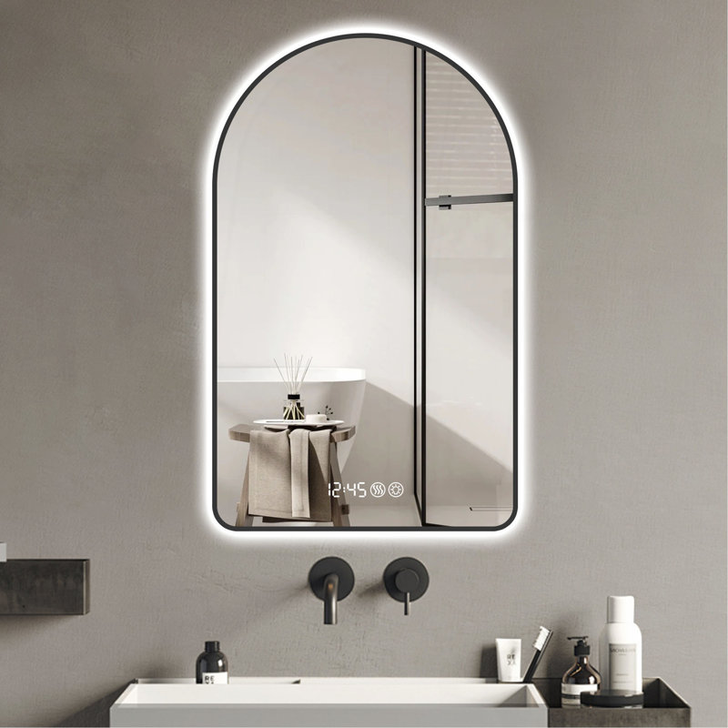 Miroir arqué 28 po x 48 po à DEL pour salle de bain, affichage de l'heure et de la température, rétroéclairage, antibuée, à intensité variable, avec trois températures de couleur - miroir de meuble-lavabo moderne, parfait pour un évier, cadre noir