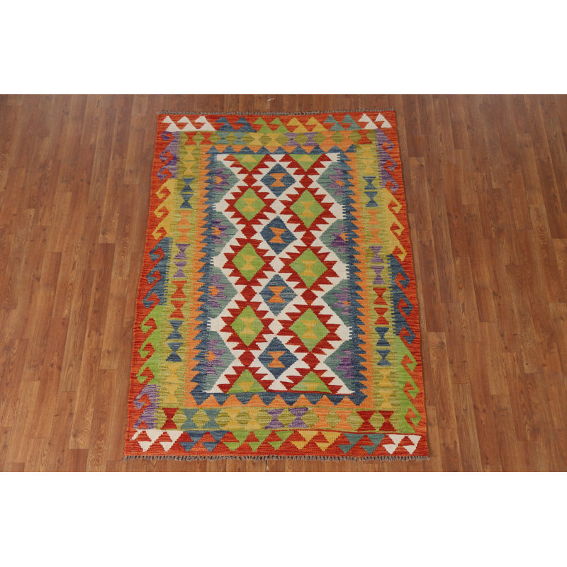 Tapis oriental multicolore en laine Kilim 4 x 6
