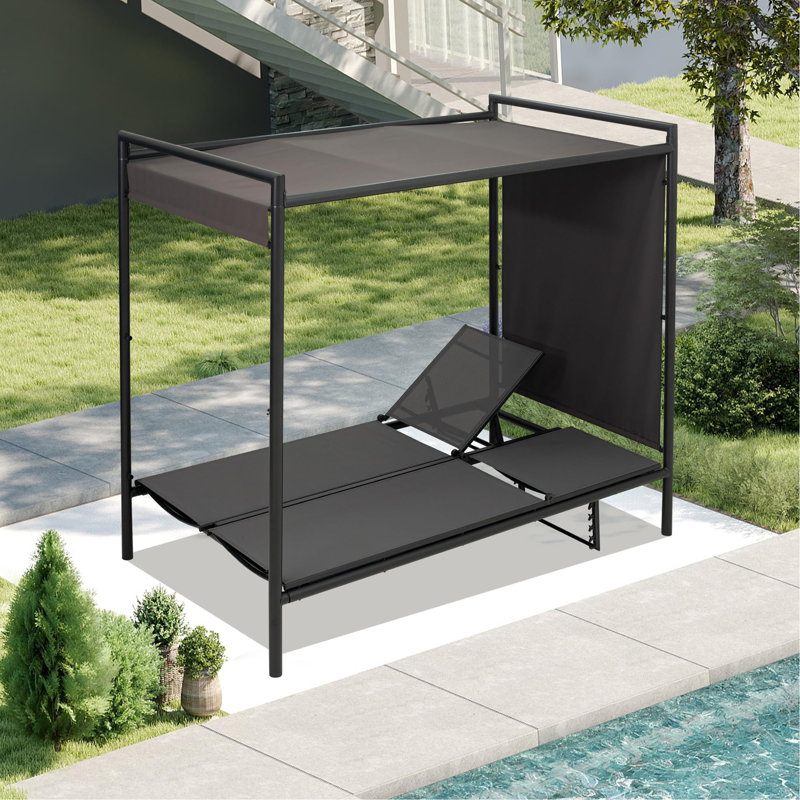 Lit de jour pour l'extérieur avec lit à baldaquin réglable, méridienne double avec dossier réglable à 5 positions et coussins en coton pour patio, cour, balcon, bord de piscine