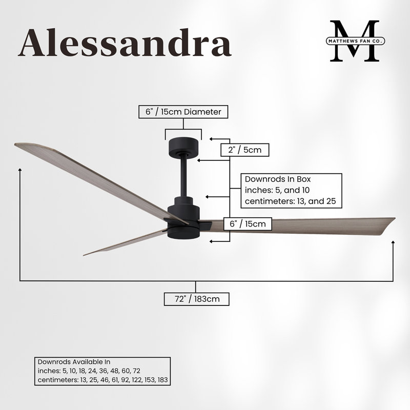 Alessandra Outdoor Downrod Ceiling Fan, Matte Black, Gray Ash Tone