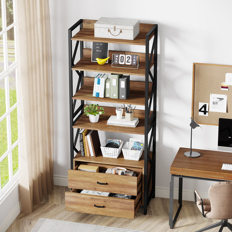 2 Drawer Bookcase Tall Bookshelf, Brown/Black