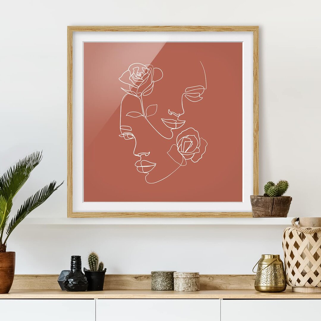 Gerahmtes Poster Line Art Faces Women Roses Copper