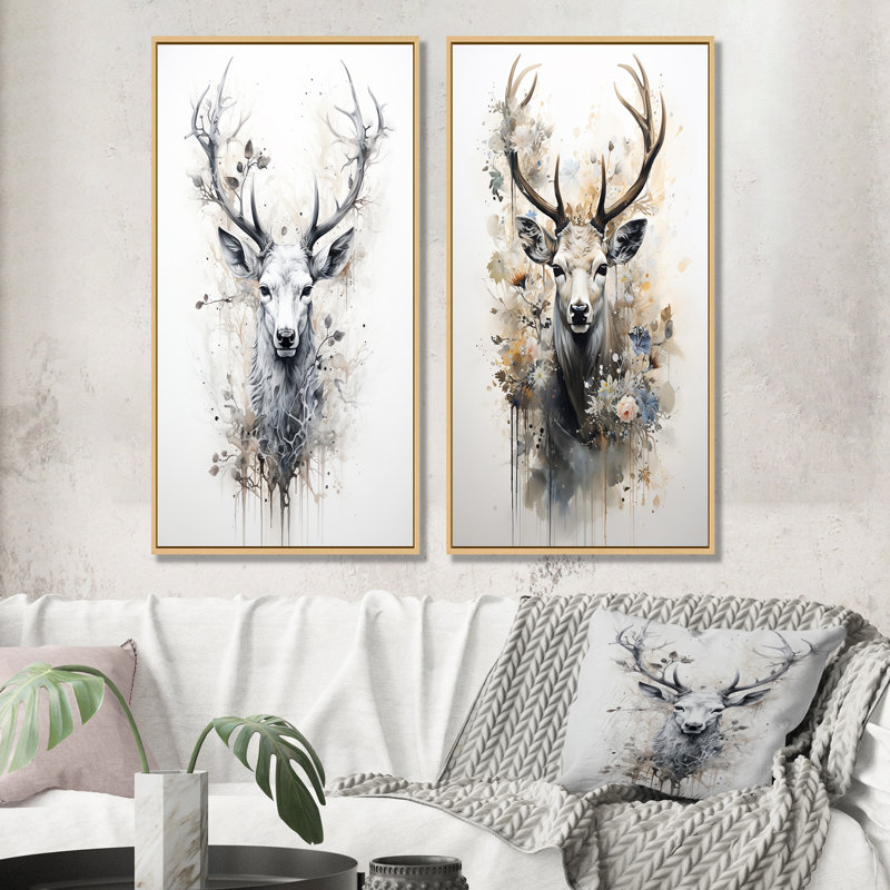 Portrait de cerf noir et blanc - ensemble de 2 reproductions d'art sur toile, Encadrement brun, H 32 po x l 33 po