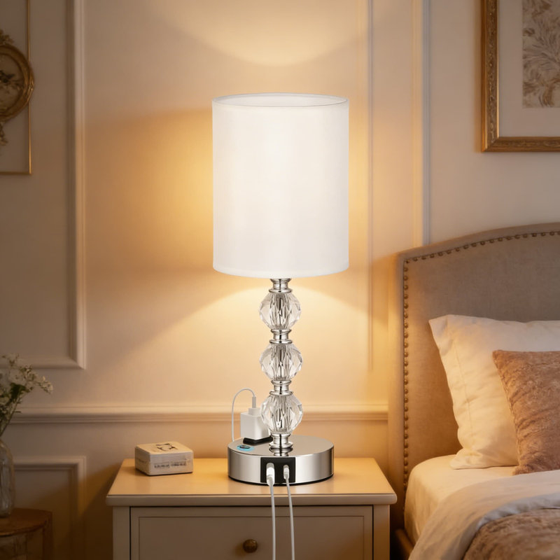 Lampe de table tactile en cristal avec prise USB-C, USB-A et CA | Lampe de table de chevet à 3 réglages d'intensité pour la chambre à coucher, le salon ou le bureau | Crée des motifs lumineux colorés