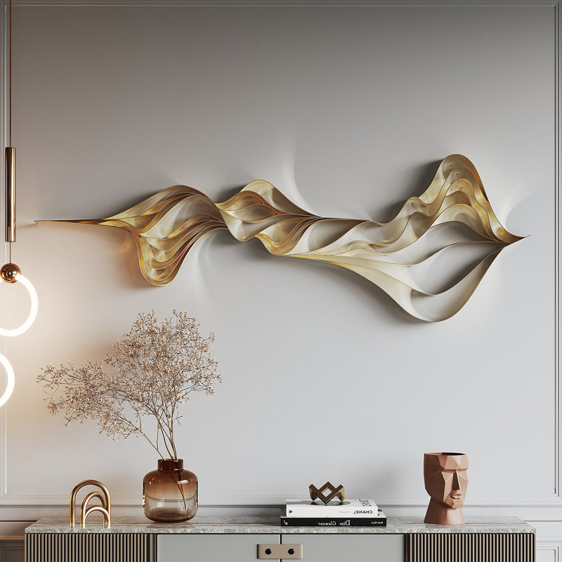 Décoration murale moderne en métal de luxe moderne, sculpture murale 3D en couches dorées pour fond de salon