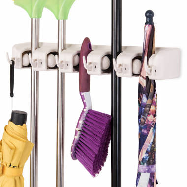 U.S. Solid Mop and Broom Holder, Wall Mounted, 4 Slots & 4 Hooks, Garden Tool Organizer, 20 Inches