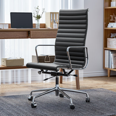 Black Genuine Leather Conference Chair with Aluminum Base and Frame High Back Office Chair