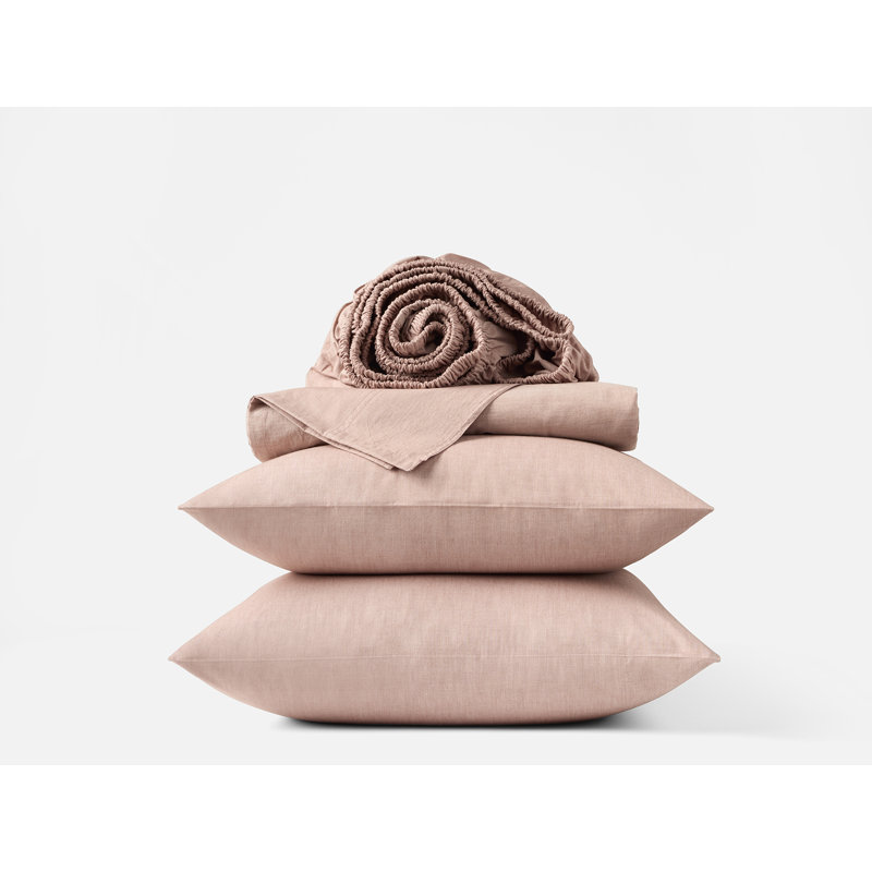 Organic Crinkled Percale 100% Cotton Percale Sheet Set, Twin Sheet Set with 1 Pillowcase, Praline Chambray