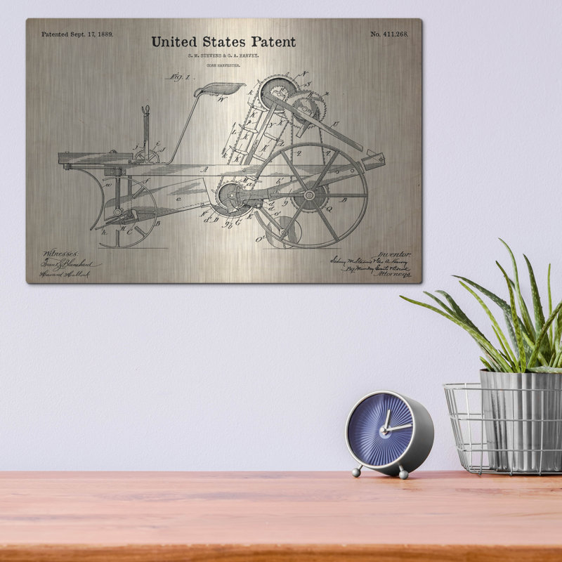 «Corn Harvester Blueprint Brevet Parchment» par Luxe Metal Portfolio, H 12 po x l 16 po
