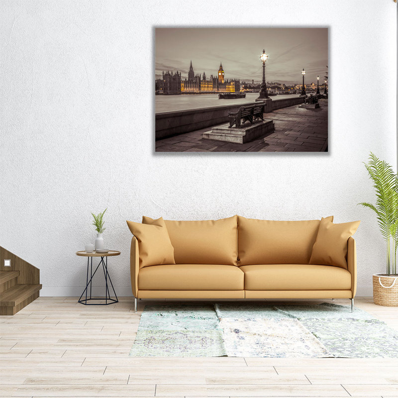 Bancs près de la promenade à côté de la Tamise, Londres - reproduction d'art sur toile, H 45 po x l 60 po