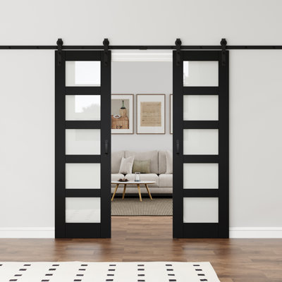 80''H 5-Lite Glass And Wood Paneled Black Primer Double Sliding Barn Door With Installation Hardware Kit (No Assemble Reqiured)