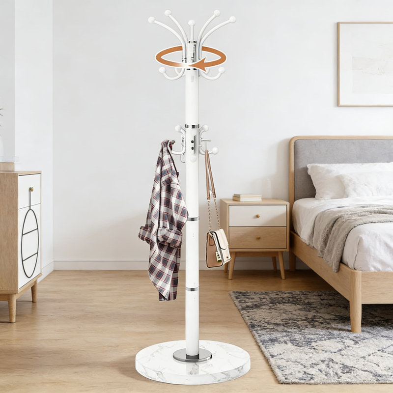Heavy Duty Freestanding Coat Rack With 360 Degree Rotating Hooks And Natural Marble Base, Sturdy Steel Hall Tree Stand With 16 Hooks For Entryway, Living Room, And Office