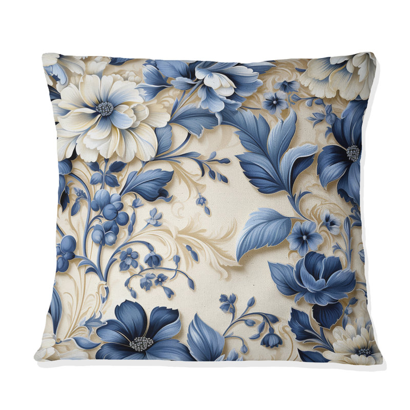 Victorien fleurs bleues et blanches damassées - Abstrait corail multicolore azur - coussin, H 18 po x l 18 po