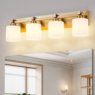 Barre d'éclairage de salle de bain 4 lumières 27,6 po en or brossé avec abat-jour en verre givré, douilles E26, applique murale de style campagne pour miroir