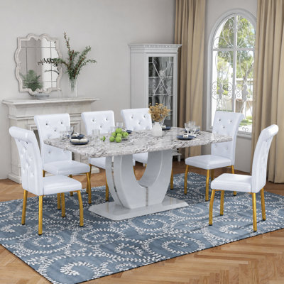 Modern 63" Faux Marble Dining Table Set With Spring-Supported PU Leather Chairs