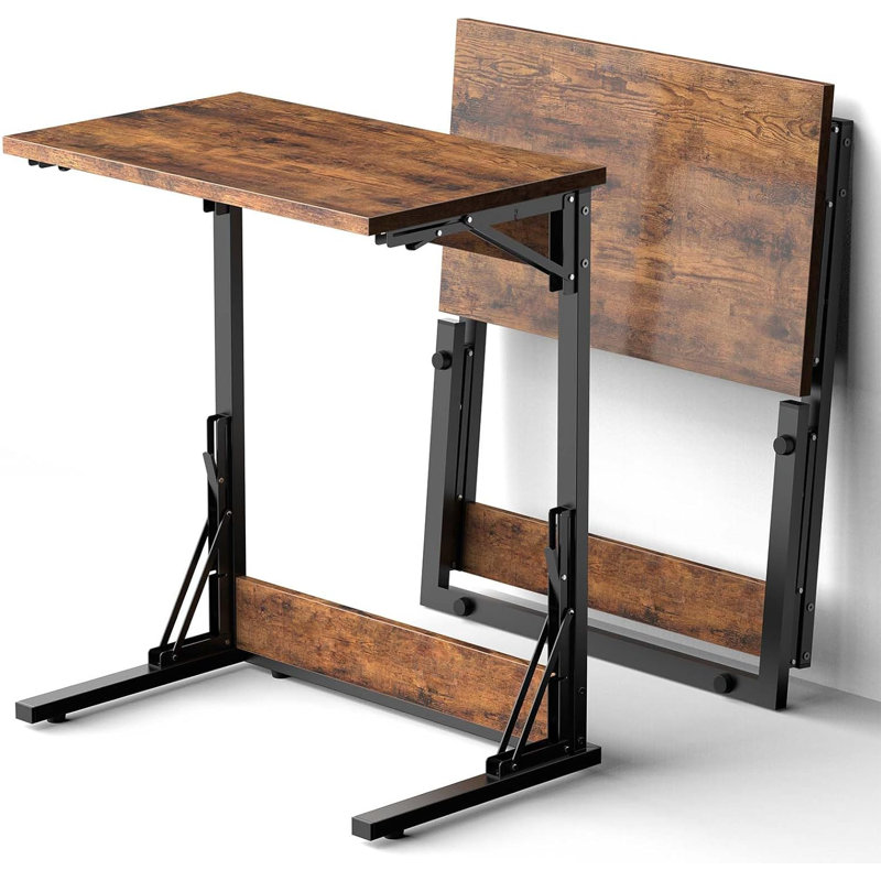 Folding C Shaped End Table, Small Sofa Side Laptop Desk, Couch TV Tray Table For Living Room, Bedroom, Rustic Brown/Black