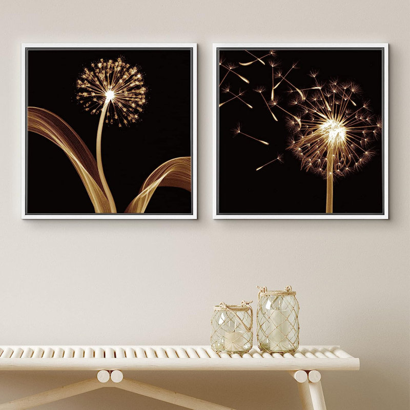 Golden Dandelion CloseUps, reproduction encadrée sur toile, 2 pièces, H 16 po x l 32 po x P 1,5 po, Blanc