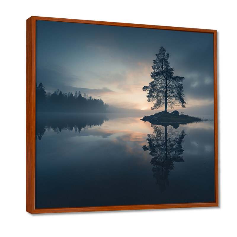 Bleu matin, brouillard au-dessus de Forest Lake - lac, art mural, Cadre flottant brun, bois massif, H 16 po x l 16 po