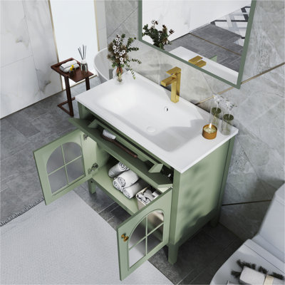 Lavabo de salle de bain 35,6 po Mid-Century avec verre à motif et bande lumineuse à capteur de mouvement, meuble-lavabo sur pied Farmhouse avec rangement, meuble-lavabo haut de gamme pour salle de bain, vert
