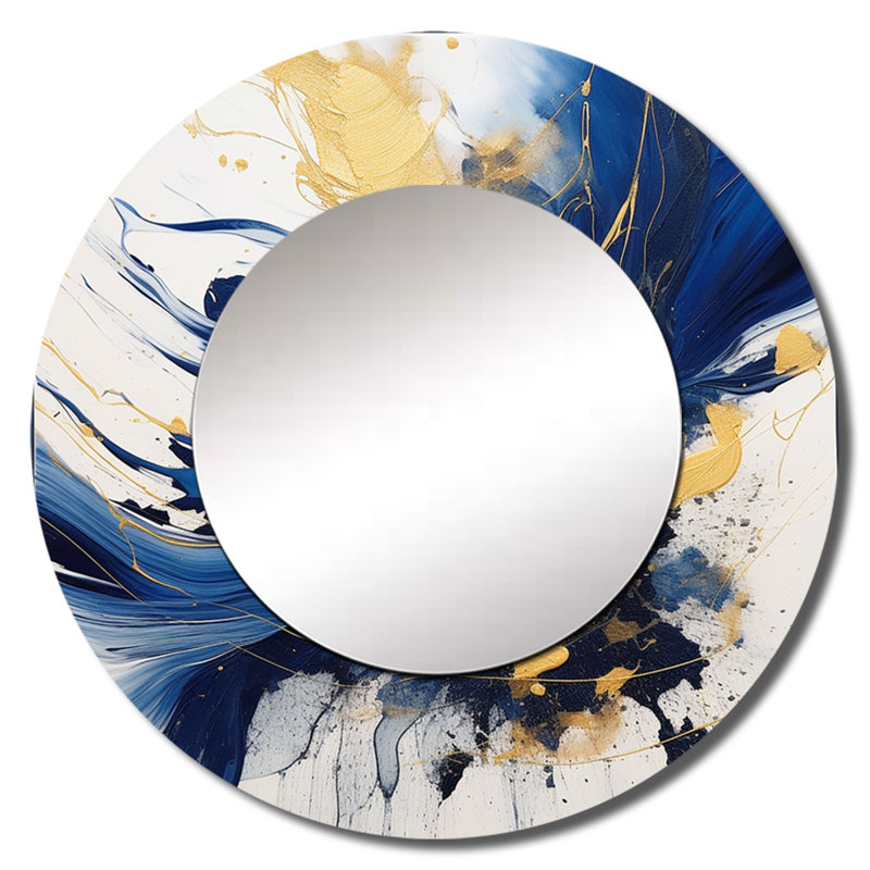 Dark Blue and Gold Strokes V - Fractals Mirror, Blue Round Unique Wall Mirror, Printed Metal Art, 29" x 29"