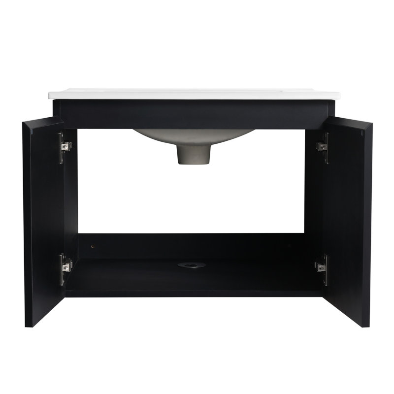 24'' Modern Bathroom Vanity With Ceramic Basin & Quiet Soft-Close Door. Black Plywood Cabinet For Floating Water- Surface - Hygienic